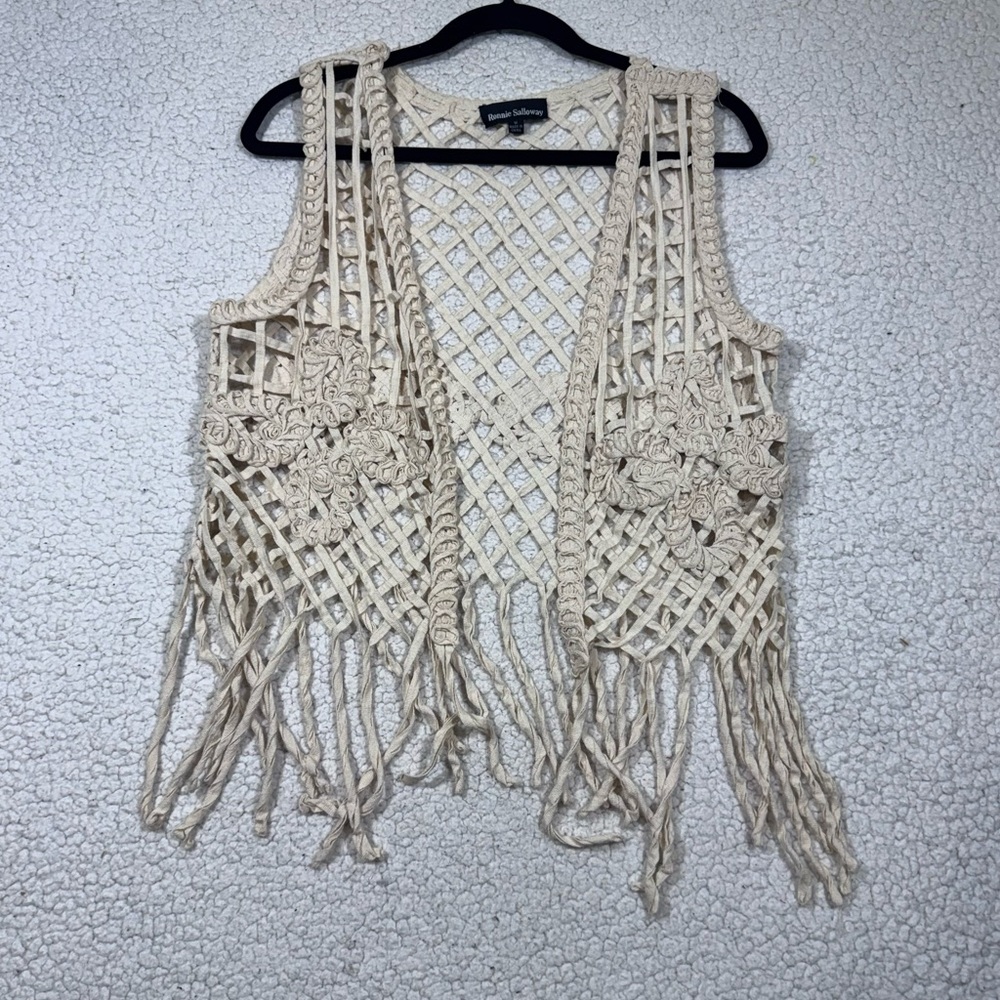Ronnie Salloway Womens Cotton Open-Weave Fringed Vest Size S Boho Western